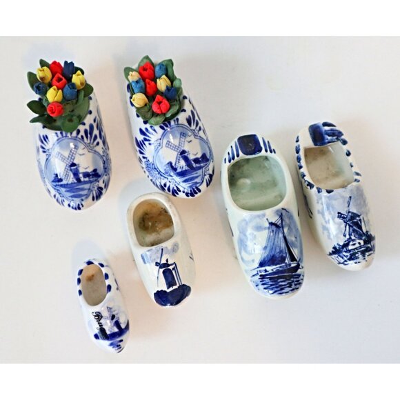6 Vintage Delft Blue Dutch Shoe Ashtray Tulips Miniature Holland Delftware - Picture 5 of 6